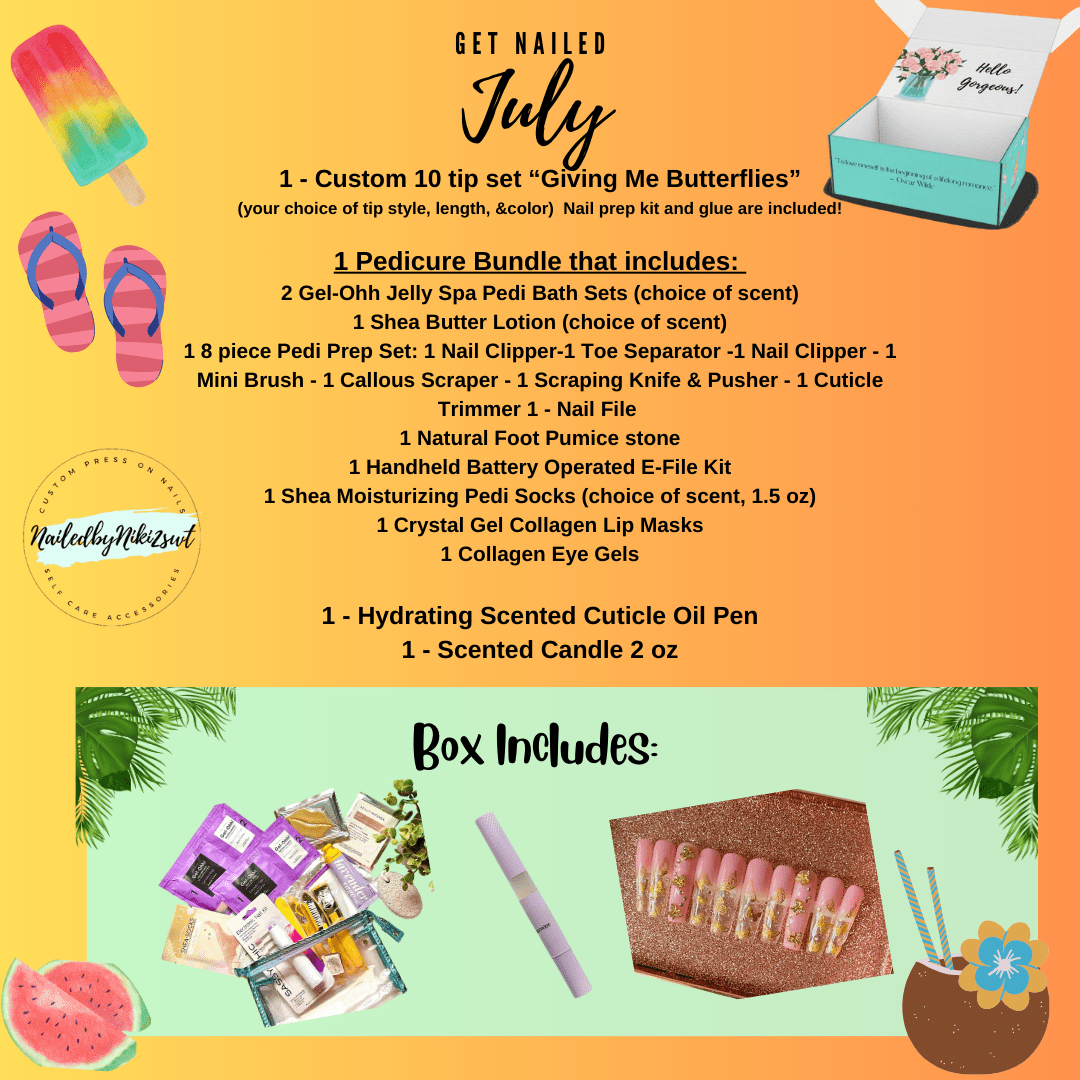 NailedByNiki2swt Bath & Body Get Nailed Monthly Box - July 2024 Press on Nails Self Care Accessories