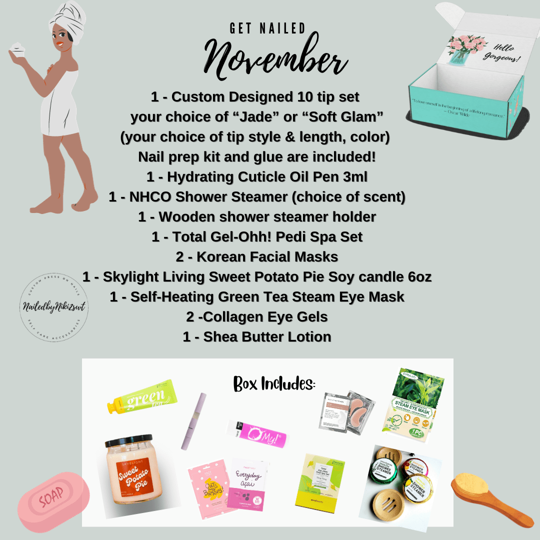NailedByNiki2swt Bath & Body Get Nailed Monthly Box - November 2023 Press on Nails Self Care Accessories