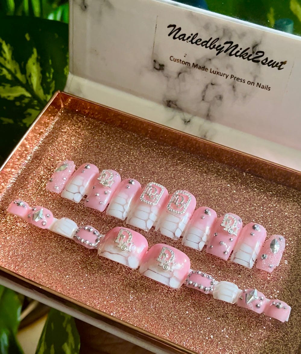 NailedByNiki2swt Beauty and Nails Sassy Deluxe Mani Pedi Combo White w/silver bling - Ready to Ship Press on Nails Self Care Accessories