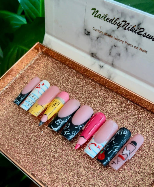 NailedByNiki2swt Beauty and Nails School Daze Press on Nails Self Care Accessories