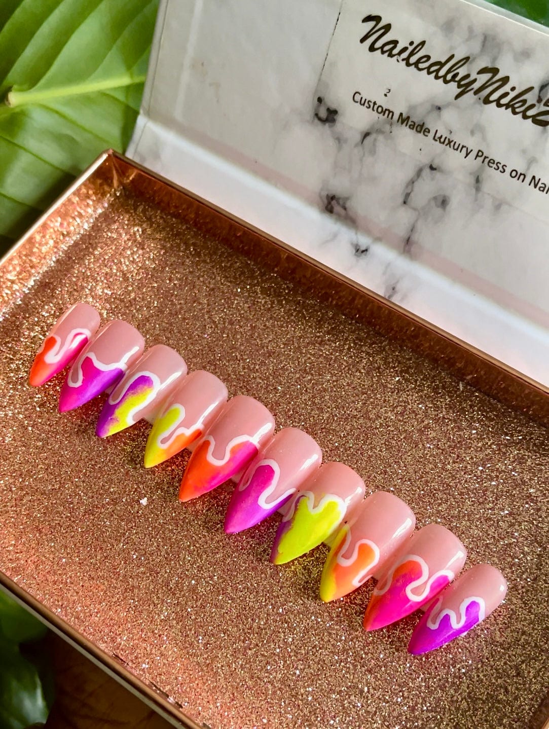 NailedByNiki2swt Beauty and Nails Vitamin Sea Neon Press on Nails Self Care Accessories