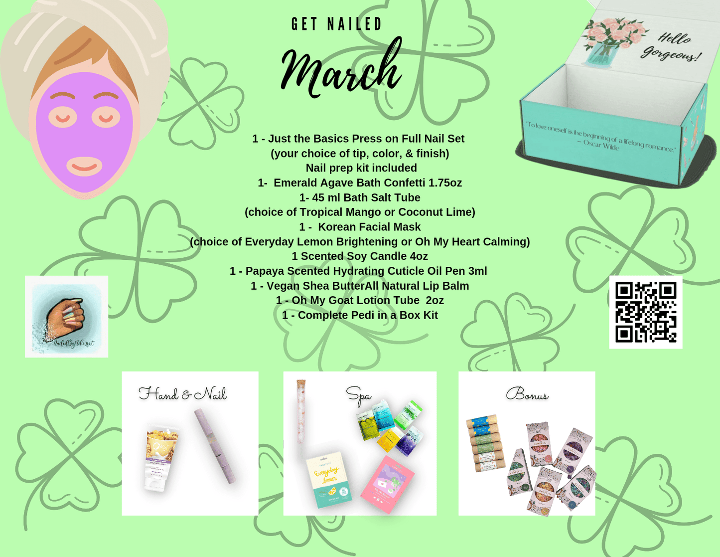 NailedByNiki2swt Get Nailed Monthly Box - March 2022 Press on Nails Self Care Accessories