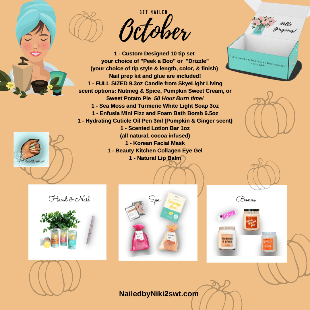 NailedByNiki2swt Bath & Body Get Nailed Monthly Box - October 2022 Press on Nails Self Care Accessories