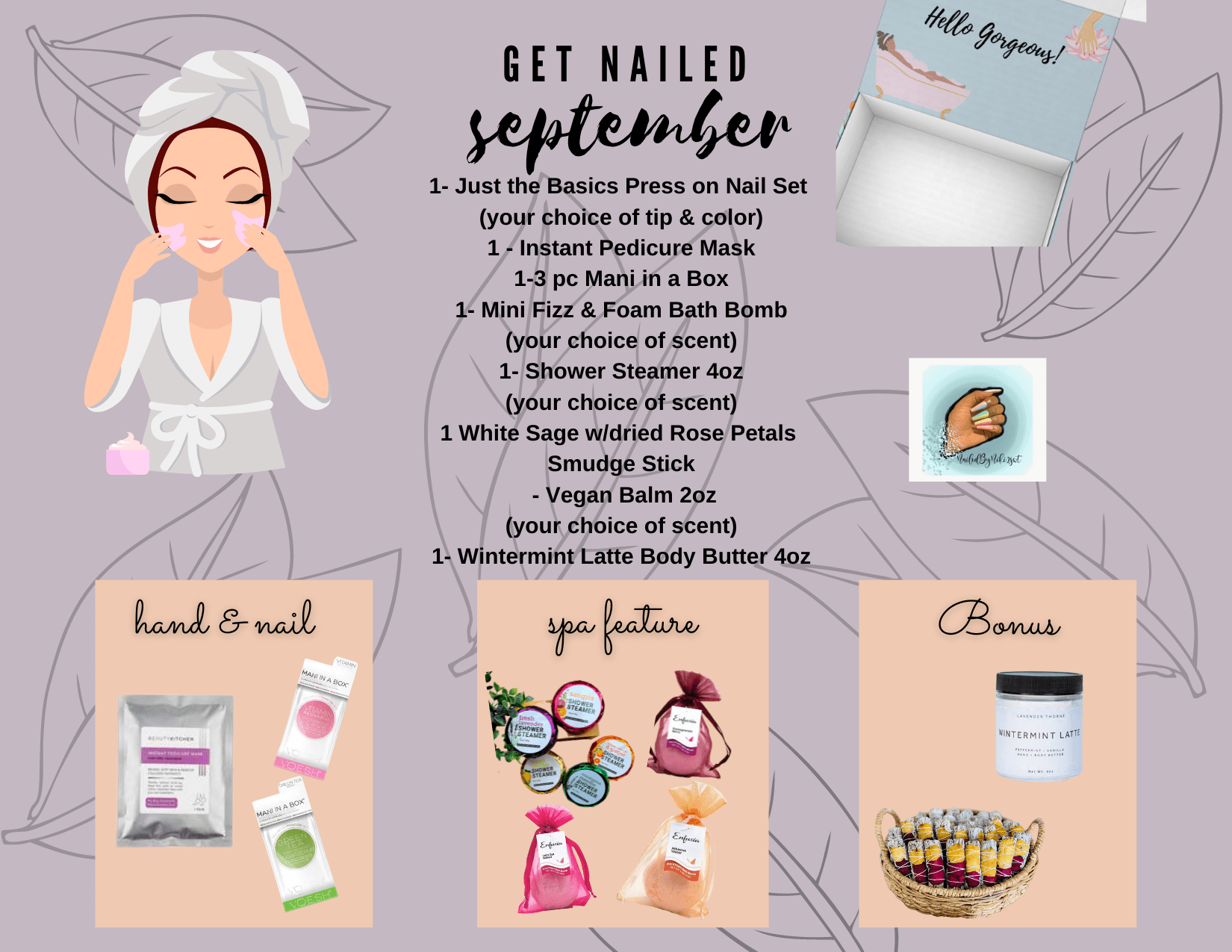 NailedByNiki2swt Get Nailed Monthly Box - September Press on Nails Self Care Accessories